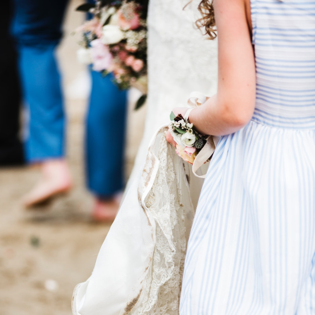 Bride gown, flowers and bridesmaid dress